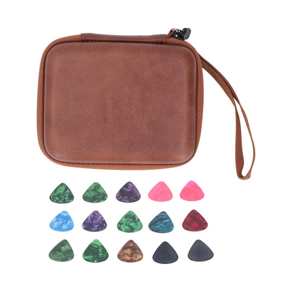 Guitar Pick Bag Set Celluloid Picks Förvaringsväska Hållare Fodral PU Läder för instrumenttillbehör Brun