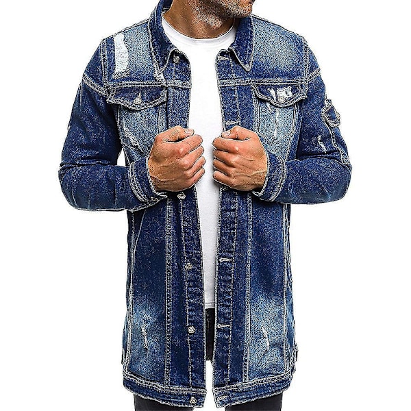 Långärmad sliten mörkblå denimjacka för män, 3XL