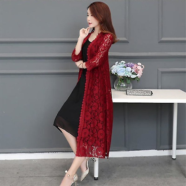 Summer Mesh Lace Cardigan Sun Protection Jacket for Women - Wine Red XXL