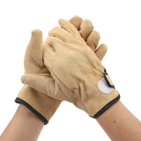 1 par kvegsskinnsarbeids hansker med polyesterfôr, ytre kvegsskinn, varmebestandige hansker for grilling, matlaging, baking