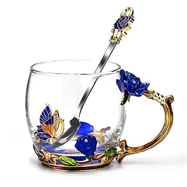 Glass kaffe emaljer krus sommerfugl rose morsdag gaver julete kopp med skje sett Blue