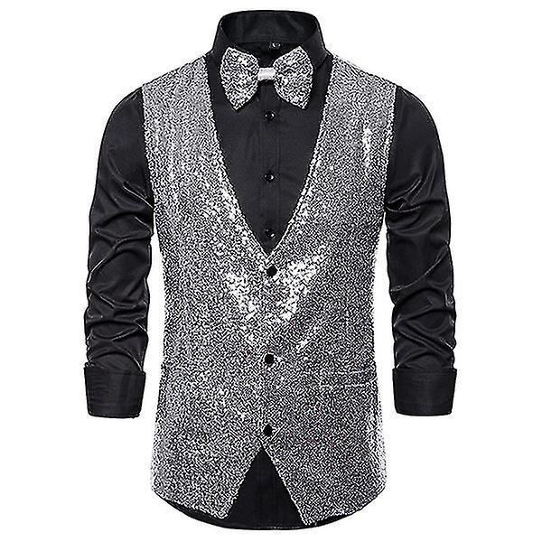 Glansful Sølv Sequin V-Hals Mænds Festkjole Vest