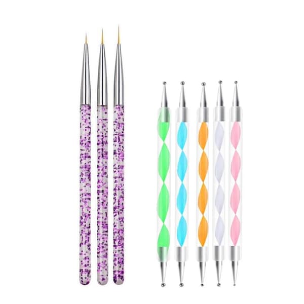【NX】Neglebørster - 3 Nail Art Børster & 5 Dotting Tools