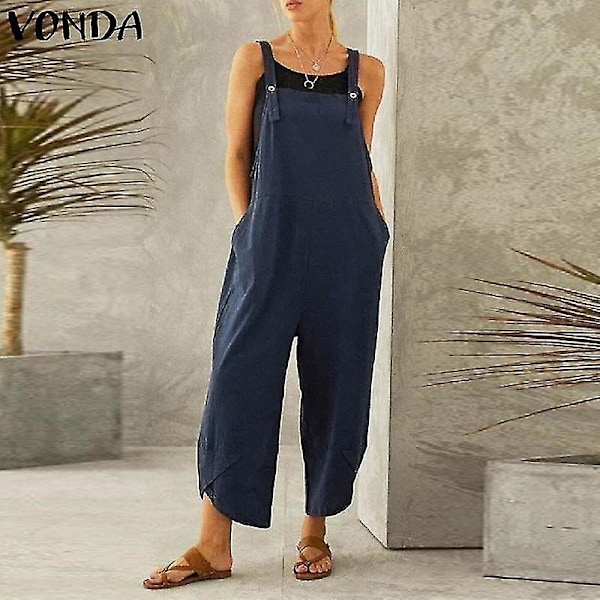 Dame Blå Cami Topp Dungarees Jumpsuit, Kvinners Løse Overalls med Lommer