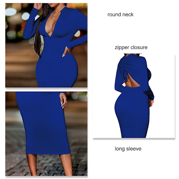 Lynlås foran Langærmet Bodycon Kjole Ensfarvet Snøre Rygfri Rundhals Kjole Kvinder Royalblue M