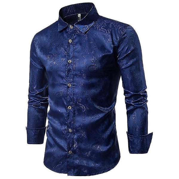 Cashew Flower Embroidery Pattern Men's Dark Blue Lapel Long Sleeve Shirt