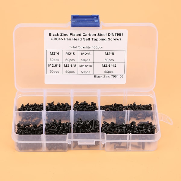 400 st Svart M2/M2.6 Cross Pan Head Självgängande skruvar Set Sortiment Kit