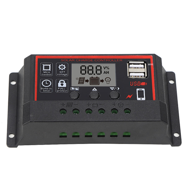 LCD Solcelleladerregulator 5V /2.5A Dobbel USB PWM Cell Panel Regulator Automatisk Identifisering 12V 24V10A