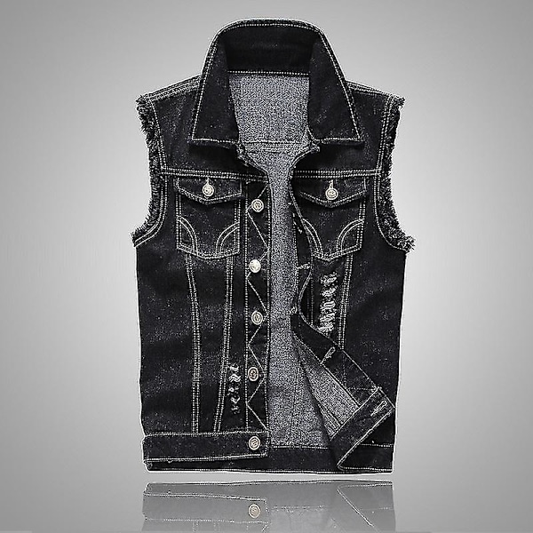 Men's Slim Fit Ripped Denim Vest in Dark/Light Black