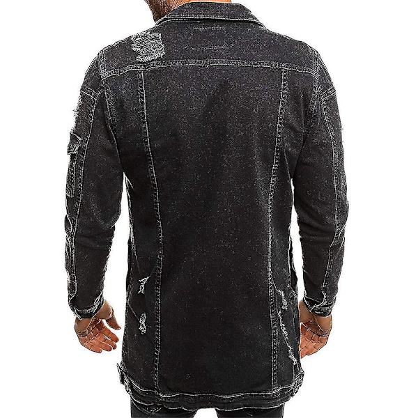 Långärmad sliten denimjacka med fickor för män - Svart