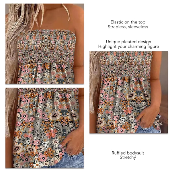 Naisten Rypytetty Tube-Topit Olkaimettomat Bandeau Pliseerattu Painettu Hihaton Slim Fit Liivi Tyyppi 1 M