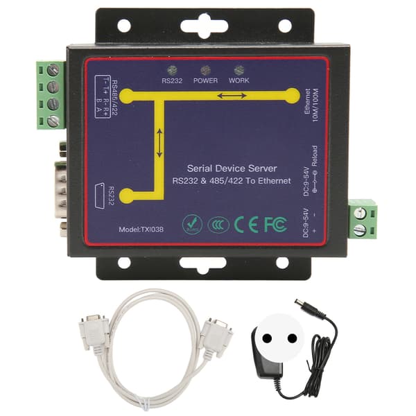RS232 RS485 RS422 Seriell til Ethernet Adapter 10M 100M RJ45 Port 300 til 230400bps TCP IP Server Ethernet Konverter 100‑240V EU Plugg