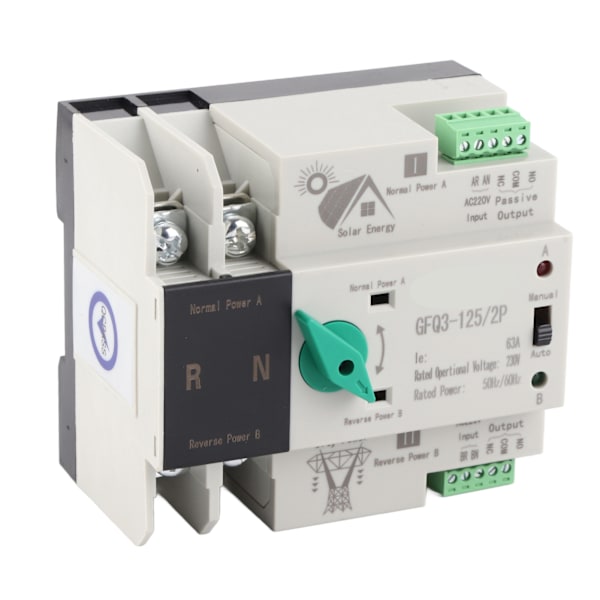 Dual Power Automatisk överföringsströmbrytare 2P Millisecond Snabbväxling Timing Controller AC230V 50/60Hz PV till nät 63A