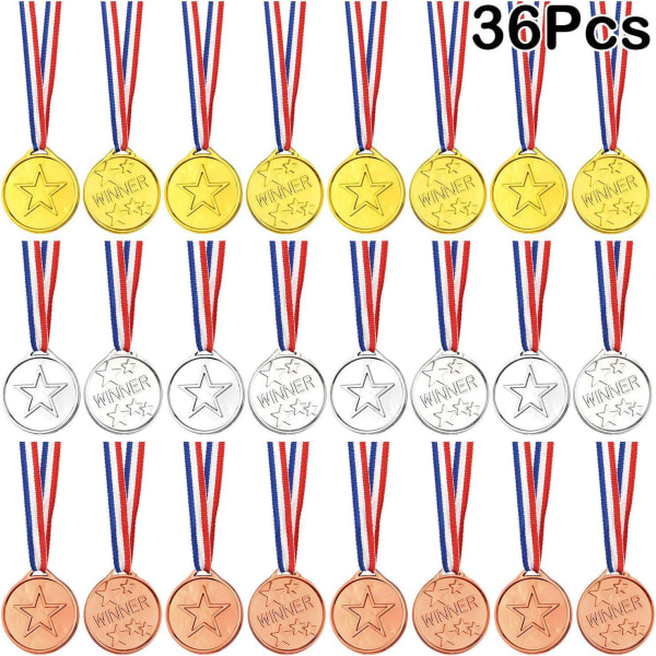36 stycken vinnande medaljer Plastguld Silver- och bronsmedaljer för barnfestdekoration och sportutmärkelser