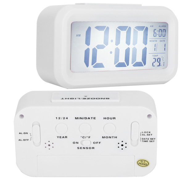 LCD Elektronisk Klocka Stor Skärm Tyst Smart Tid Temperaturvisning Väckarklocka GHY‑501 Vit