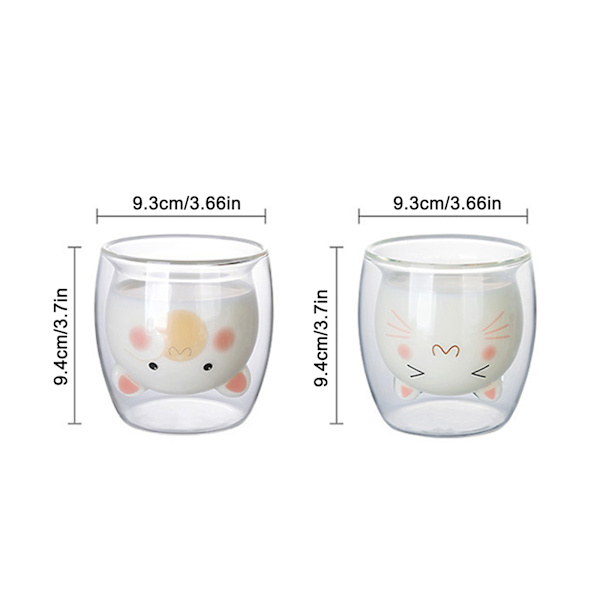 2 stk dobbelveggede krus 200ml glass tegneserie søt katt dobbelvegget kaffekopp for hjemmekontor