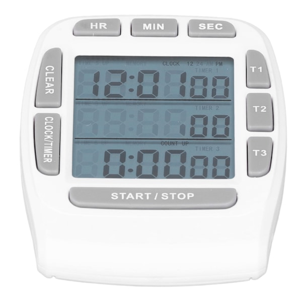 Trippel timerklocka Nedräkning Upp 4,0x4,4cm LCD-skärm Multifunktion vitt inbyggt batteri