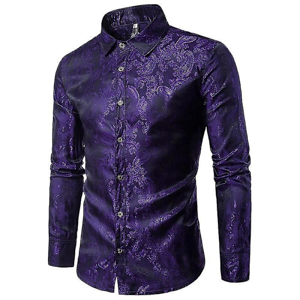 Cashew Flower Embroidered Lapel Shirt for Men - Long Sleeve (Purple)