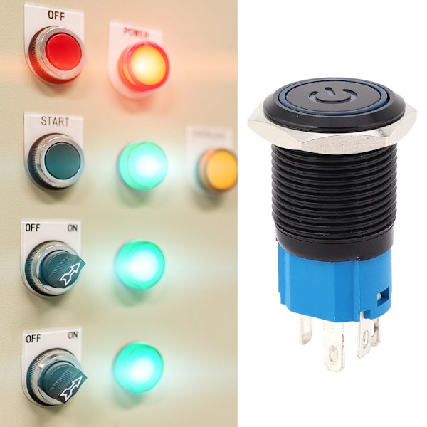 2ST sort selvlukkende metalafbryder IP65-beskyttelse med LED-lampe og symbol 16 mm (blå 220VAC)