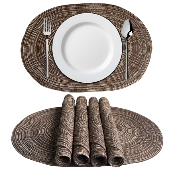 (1 piece) (brown) cotton yarn oval placemat Japanese ramie insulation pad 50*35cm, polyester cotton material