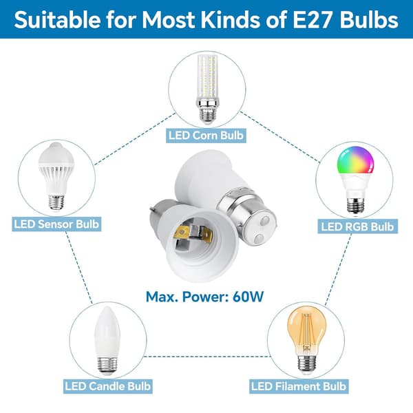 6-delt B22 til E27 sokkeladapter, B22 til E27 bajonettfatningskonverter for LED-, gløde- og halogenpærer, sokkeladapter