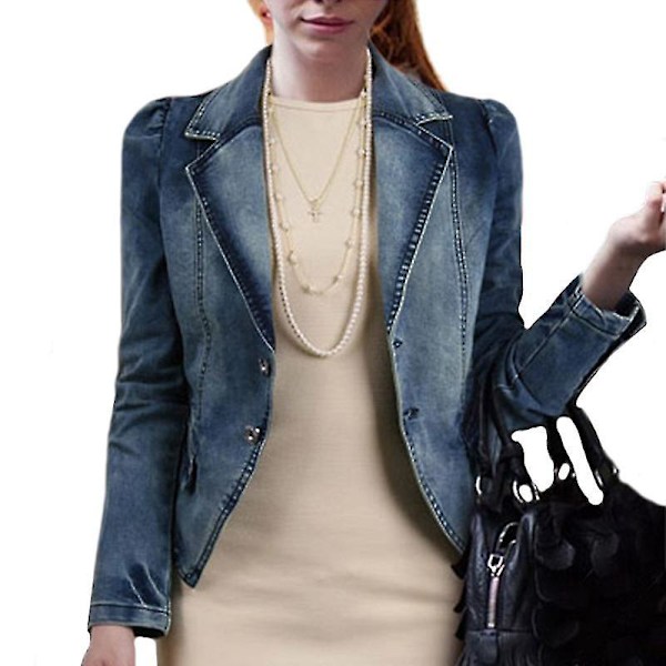 Blå Denimjacka för kvinnor, Kavajslag Casual Ytterkläder - Plus Size 3XL