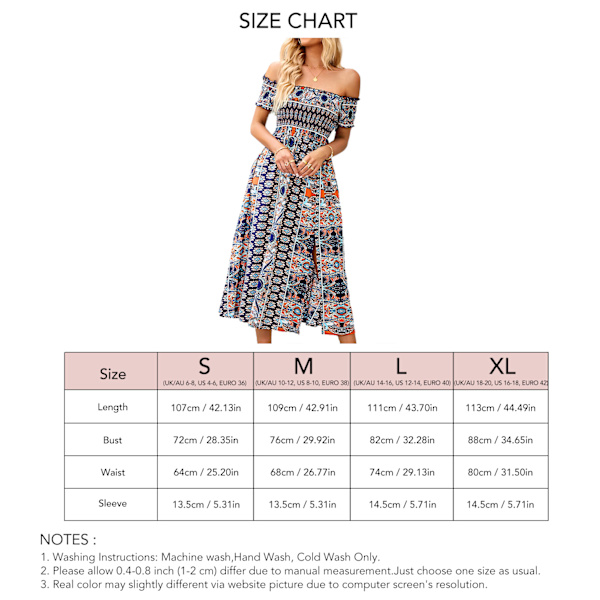 Kvinde One Piece Off Shoulder Kjole Boho Blomsterprint Slid Lang Kjole til Sommerferie Marineblå XL