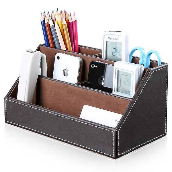 Pu Leather Multi-function Desk Organizer Oppbevaringsboks, 5 rom kontorrekvisita Caddie, Pen/blyant, mobiltelefon, visittkort (brune)