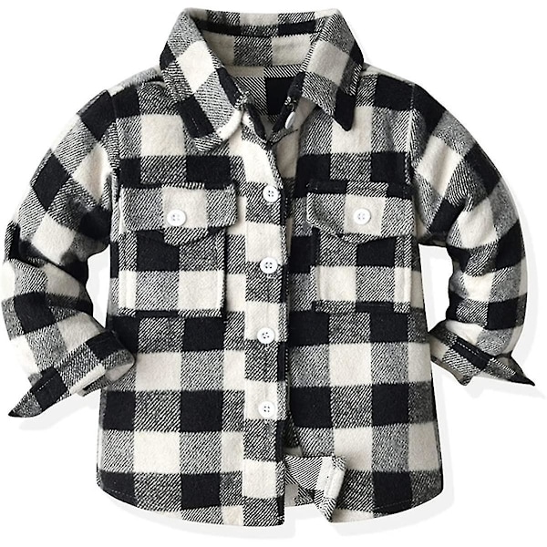 Flannelskjortejakke til baby drenge og piger, langærmet reversknappet jakke, efterårs- og vintertøj, 5-6 år, sort