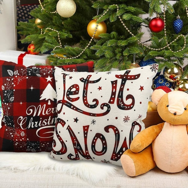 Jouluiset tyynynpäälliset 1818 tuuman set 4 maalaistalon mustaa ja punaista puhvelin ruudullista tyynynpäällistä Holiday maalaismainen pellava case sohvalle sohvalle joulu