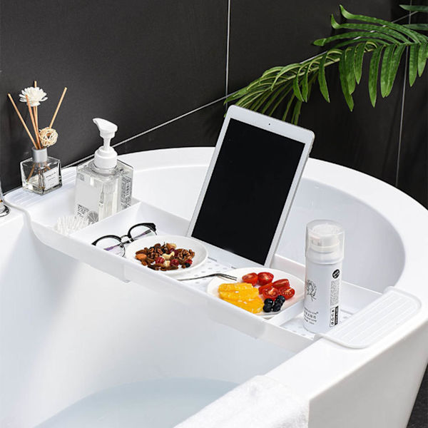 Badekarsbakke Stabil placering Udvidbart plastmaterial Dræningsdesign Bath Caddy Badekarsbord til badeværelse Hvid