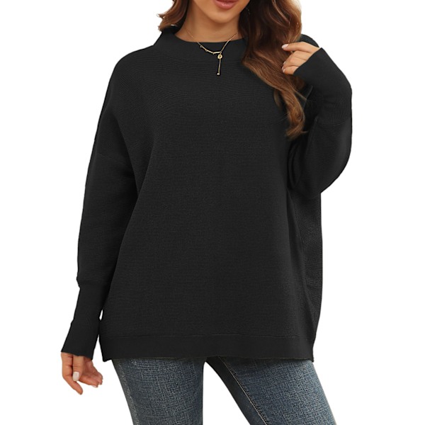 Långärmad tröja Dam Höst Vinter Andas Lös Casual Elegant Pure Color Stickad Pullover Toppar Svart L