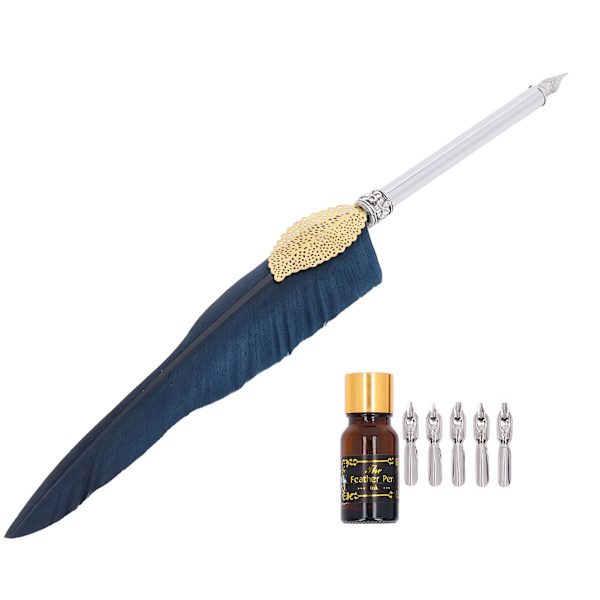 Quill Pen Set Utsökt fjäderdesign Retro ihålig kalligrafipenna med tom bläckflaska Metallspets SP101033 Marinblå