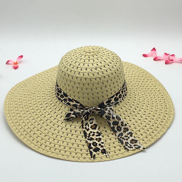 Leopard Sløjfe Dekoration Bredbremmet Dame Strandhat - Pink