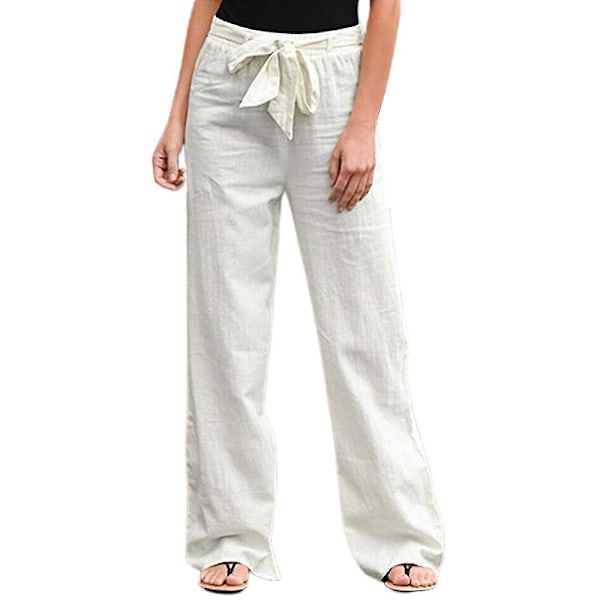 Casual Cotton Linen Wide Leg Beach Pants White 3XL