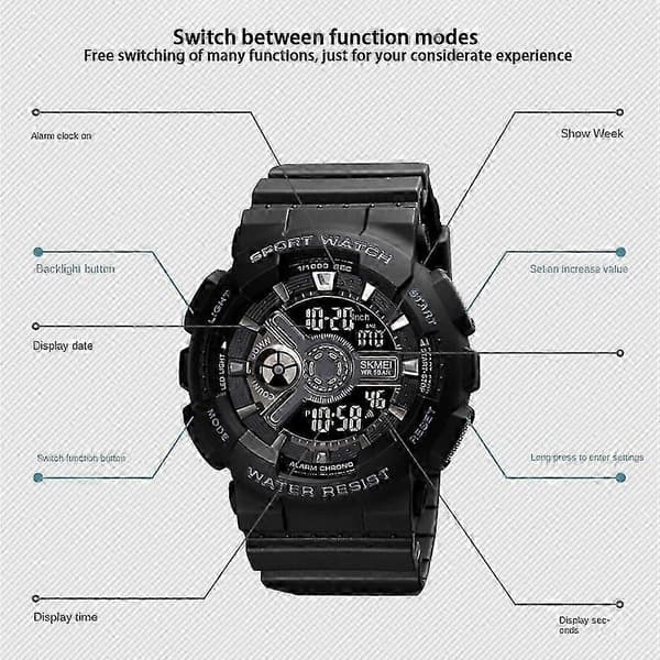 【NX】Mode Ungdom Sportklocka Män Multifunktionell Vattentät Student Elektronisk Klocka Large Black