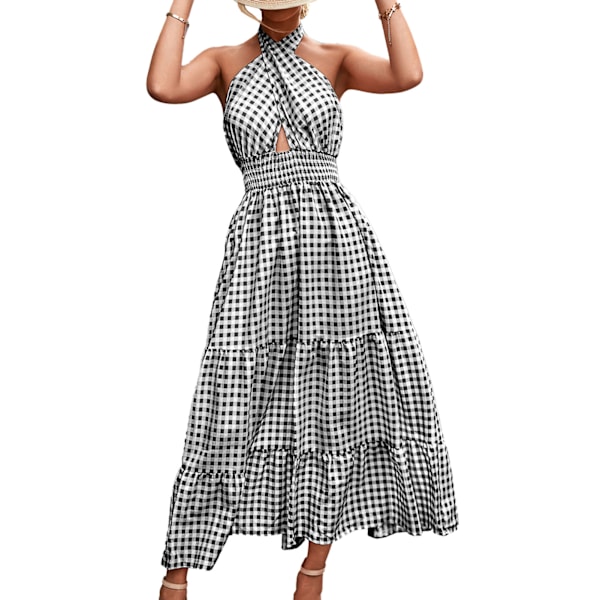 Kvinders Sommerkjole Rygløs Crossover Halter Neck Ærmeløs Maxi Kjole til Daglig Brug Sort Tartan XL