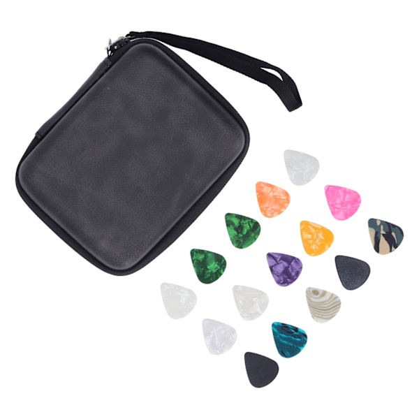 Guitar Pick Bag Set Celluloid Picks Förvaringsväska Hållare Fodral PU Läder för instrumenttillbehör Svart