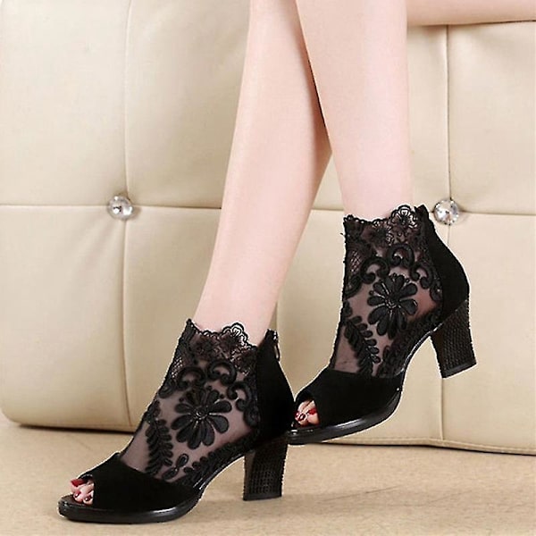 Dam Lace Mesh Mellanhålsandaler, Andningsbara Fish Mouth High Heels - Svart