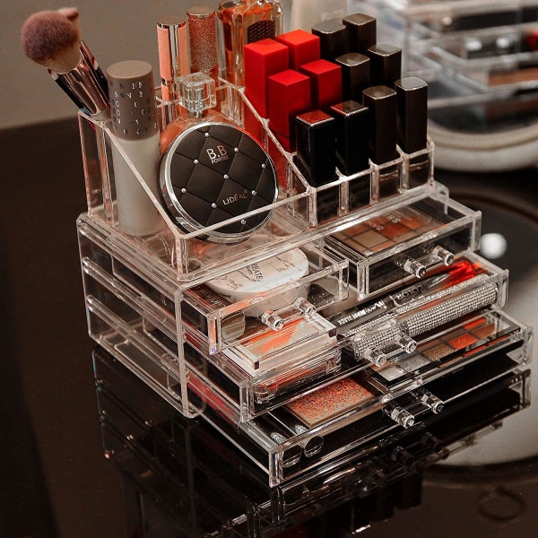Akryl Clear Makeup Organizer och förvaring Stapelbar hudvård Kosmetisk case med 4 lådor Sminkställ för smycken Håraccessoarer Skönhet