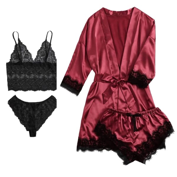 4st Kvinnor Satin Pyjamas Set Blommor Spets Trim Camisole Underkläder Sovkläder med Robe M Röd