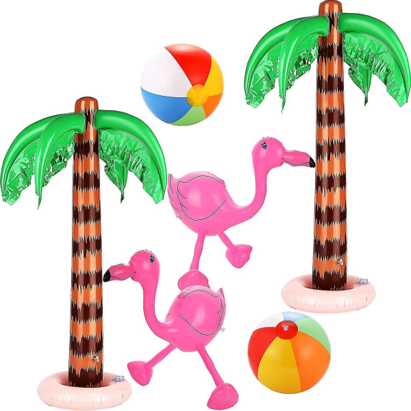 6 stykker oppblåsbare palmetrær Jumbo kokosnøtttrær Rosa flamingoer Fargerike strandballer Regnbuefargeballer