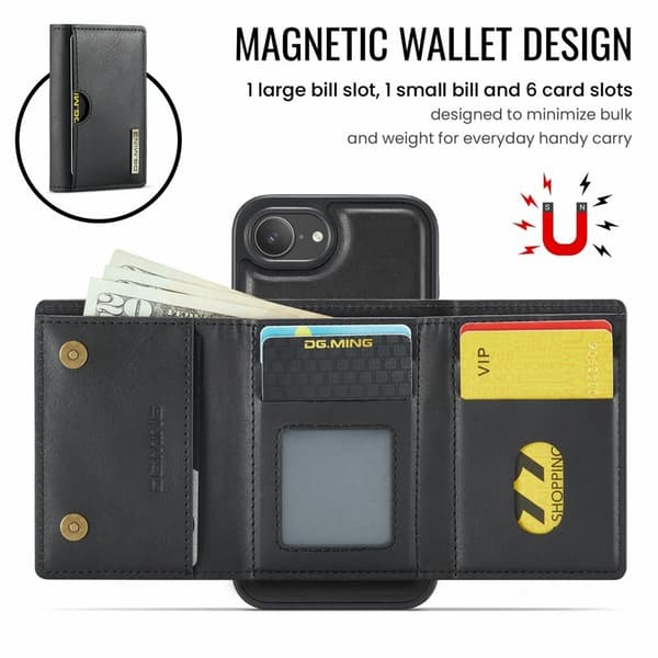 DG.MING M6-serien kompatibel med iPhone 16e pung etui magnetisk sort