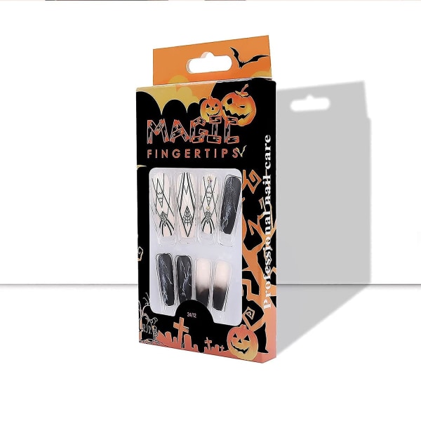 24 st Press On Nails Lång Kista Med Designs Spider Web Stick Lim On Nails Art Salon Fake Nail Press Ons Set False Nails Franska Tips Med Lim För