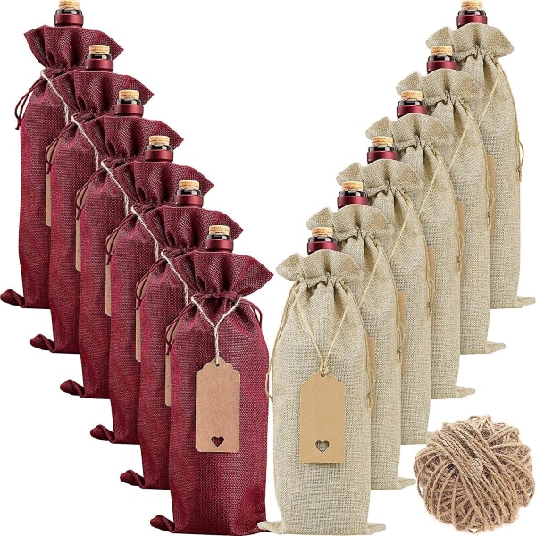 Jutevinposer Vingaveposer, 12 stk vinflaskeposer med snorer, etiketter og tau, gjenbrukbare vinflasketrekk til jul, bryllup, bursdag,