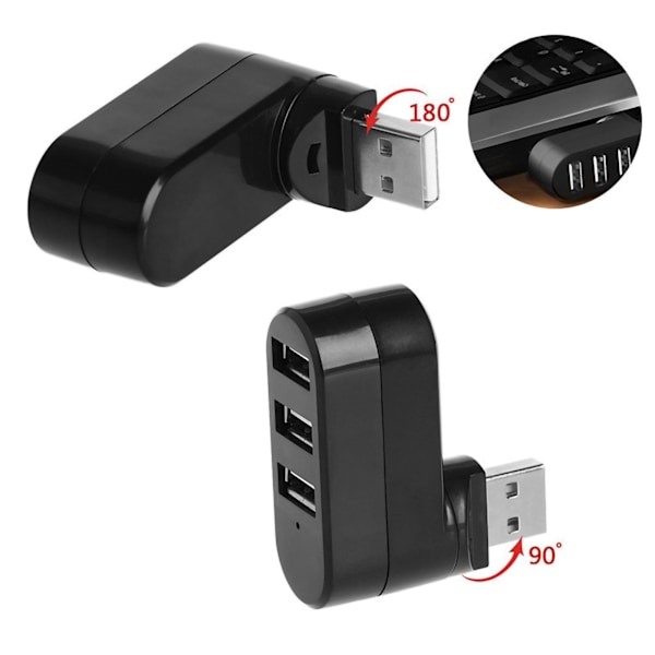 USB 2.0 Hub 3 Porte 90°/180° Rotation Hot Swappable Bærbar USB-dockningsstation til hjemmekontorrejser (sort)