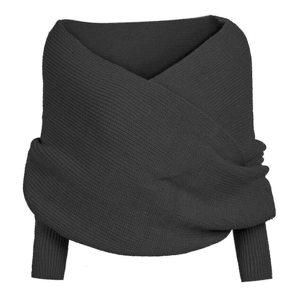 Kvinder strikket sweater toppe tørklæde med ærmer wrap vinter varmt sjal tørklæder Black