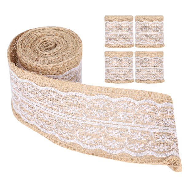 5 stk Burlap Bånd Spids Linned Rulle Jute Bælte DIY Håndlavet Hessian Rem Håndværk Dekorationer (Hvid)