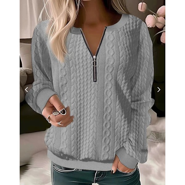 Kvinnor Halv Zip Kabel Stickad Tjock Blus Långärmad Halv Dragkedja Andas Moderiktig Pullover Tjock Blus Grå XXL