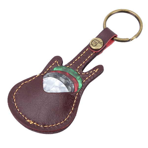 Bærbar læder messing guitar pick etui ærmeholder inklusive pick tilbehør (brun)